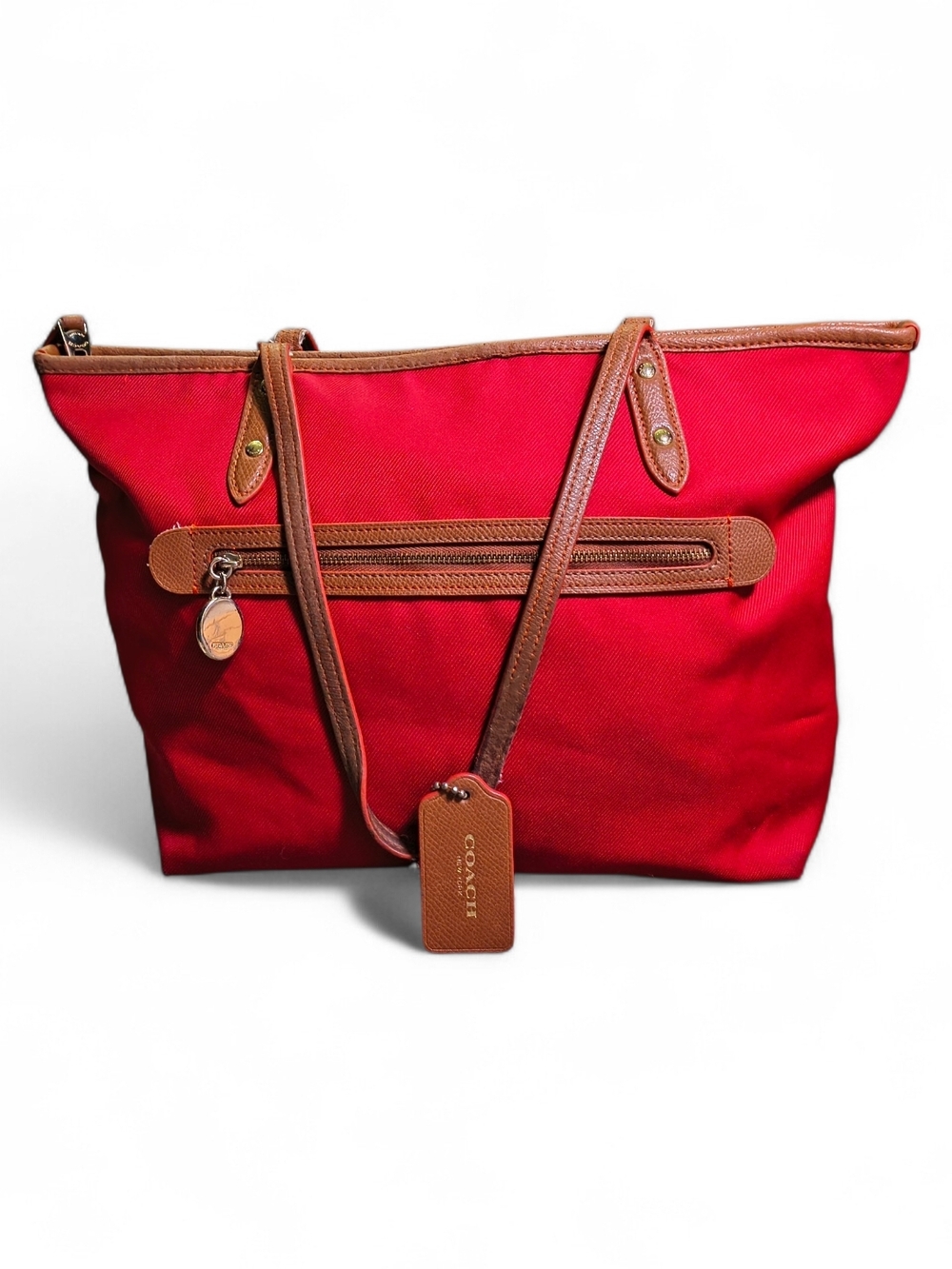 Vintage Coach Red Canvas Tote Bag Leather Trim Large Shoulder Purse Classic